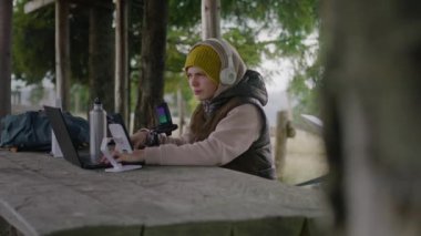 Kulaklıklı genç, dağ ormanlarında tatillerde izleyiciler için içerik yaratmak için dizüstü bilgisayar ve telefon kullanıyor. Genç flama ahşap çardakta oturur ve profesyonel mikrofona konuşur..