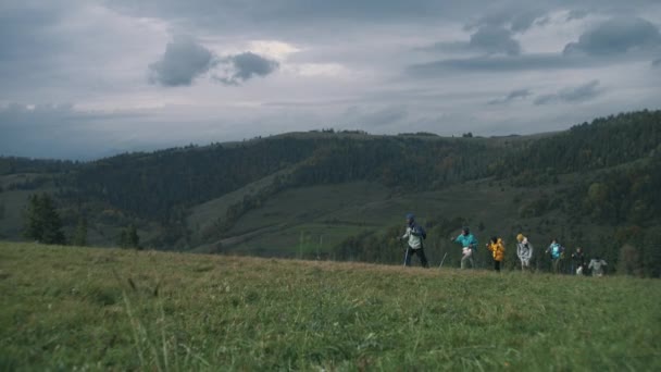 Група Мандрівників Рюкзаками Пішохідними Полюсами Йдуть Стежці Красивому Гірському Пагорбі — стокове відео
