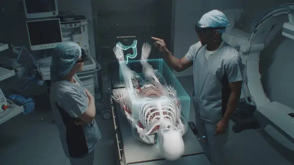 Olika Kirurger Headset Arbetar Operationssalen Med Futuristisk Holografisk Display Grafik — Stockfoto