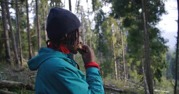 African American Teenager Having Snack Woods Tourist Trip Trek Autumn — Stock Photo, Image