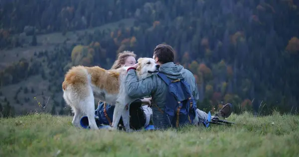 Caucasian couple of hikers sits on the hill, takes photos on phone, pets and plays with local dog. Tourist family during hike or trekking trip in mountains in autumn. Outdoor recreation and travel.