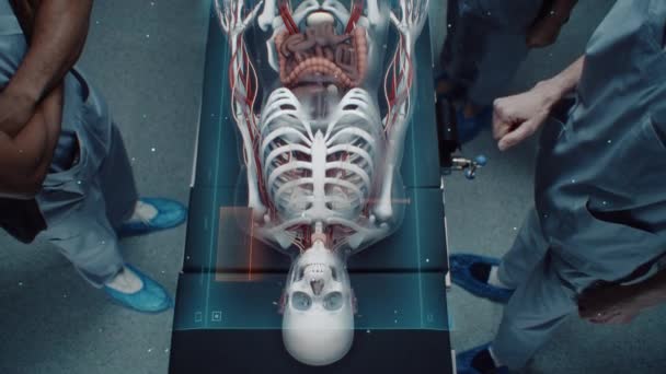 Multietnický Chirurgický Tým Pracuje Operačním Sále Pomocí Futuristického Holografického Displeje — Stock video