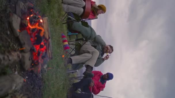 Kampta Dinlenen Çeşitli Turist Grupları Yürüyüş Arkadaşları Kamp Ateşinin Yanında — Stok video