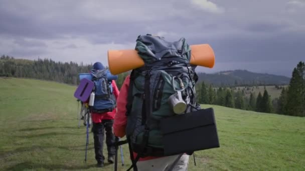 Sırt Çantalı Yürüyüş Direkli Bir Grup Turist Güzel Dağ Tepelerinde — Stok video