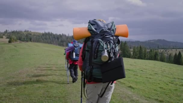 Sırt Çantalı Yürüyüş Direkli Bir Grup Gezgin Güzel Dağ Tepelerinde — Stok video