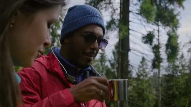 Dwóch Wielonarodowych Turystów Stoi Pięknym Lesie Pije Herbatę Podziwia Niesamowity — Wideo stockowe