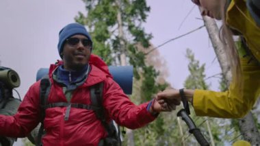 Afrika kökenli Amerikalı turist güzel ormanda gezginlere yardım etmek için durur. Uzun bir yolculuk sırasında sırt çantalı ve sırıkla yürüyüş yapan bir grup yürüyüşçü. Doğa keşfi ve turizm kavramı. Kapat..