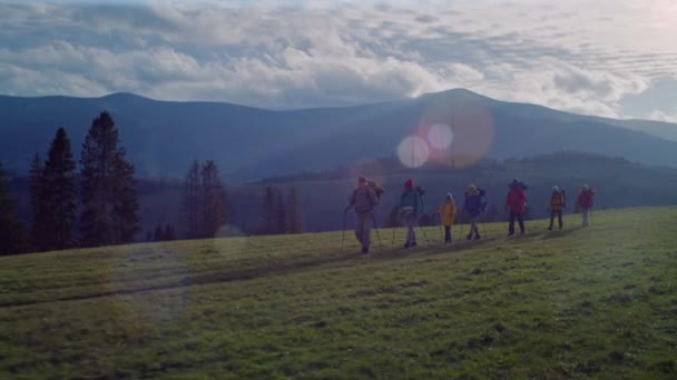 Bir Grup Turist Yürüyüş Direkleri Sırt Çantalarıyla Kamp Alanlarına Doğru — Stok video