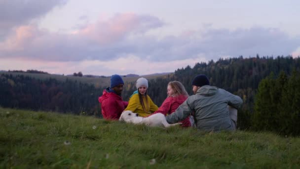 Çoklu Etnik Çeşitliliğe Sahip Bir Grup Turist Tepedeki Çimlerin Üzerinde — Stok video