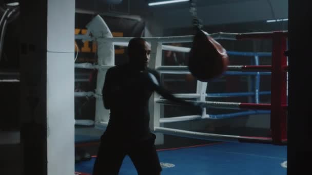 Självsäker Afroamerikansk Fighter Träffar Boxningssäck Träning Mörk Boxningsgym Atletisk Man — Stockvideo