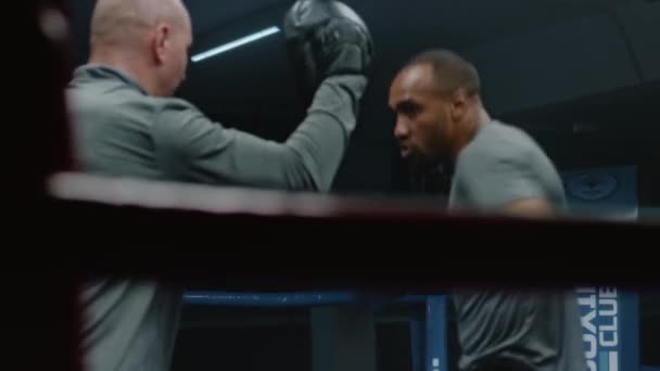 Boxeador Afroamericano Guantes Boxeo Ejercicios Con Entrenador Ring Boxeo Antes — Vídeos de Stock