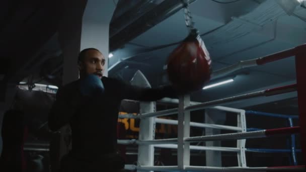어두운 체육관에서 가방에 아프리카계 전투기 경쟁을 싸우기 연습에 선수는 체육관에서 — 비디오