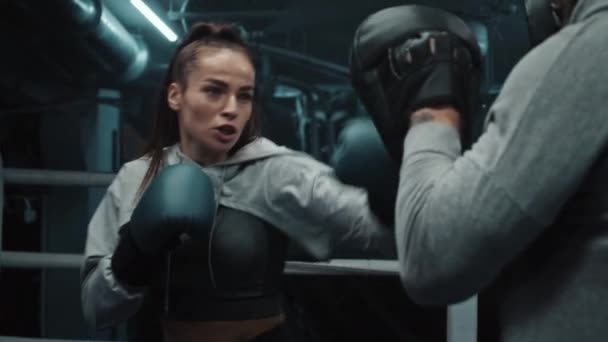 Close Female Fighter Boxing Gloves Practicing Fighting Technique Exercising Match — Stock Video