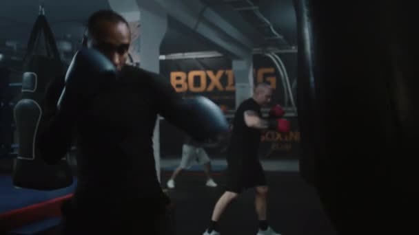 Афроамериканский Боец Слушает Команду Тренера Начинает Бить Боксерскую Грушу Темном — стоковое видео