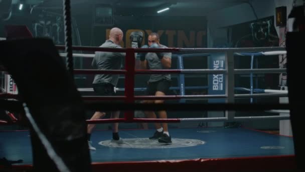 Full Shot Afroamerikansk Boxare Boxningshandskar Som Tränar Med Tränare Innan — Stockvideo