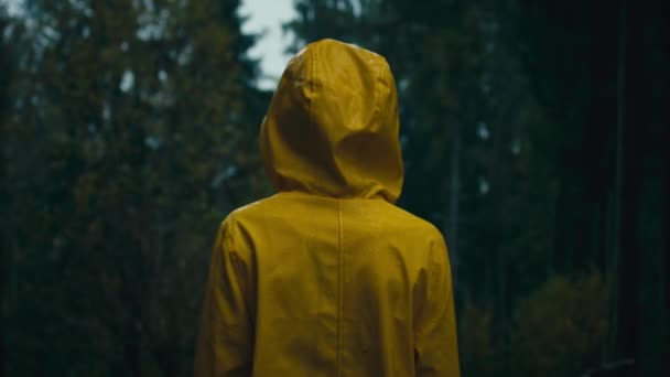 Filmaufnahme Eines Mädchens Gelbem Regenmantel Das Während Einer Wanderung Den — Stockvideo