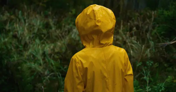 Cinematic shot of young traveler in yellow raincoat walking in the rainy coniferous forest during expedition to the mountains. Girl touches grass on wet log in woods. Nature discovery. Slow motion.