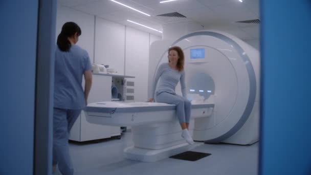 Female Doctor Radiologist Controls Turns Mri Scan Machine Female Patient — Stock Video
