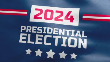 ABD 'deki 2024 başkanlık seçimleriyle ilgili yazıyla birlikte 3D VFX' in dalgalanan bayrağı. Amerika 'nın gelecekteki başkanının seçim kampanyası. Demokrasi ve siyasi ırklar kavramı.
