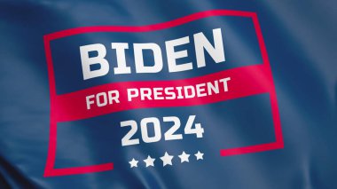 ABD 'de 2024 başkanlık seçimlerinde Biden' a oy verilmesi için bayrak sallayan 3D VFX animasyonu. Joe Biden 'ın seçim kampanyası. Demokrasi, vatandaşlık görevi ve siyasi ırklar kavramı.