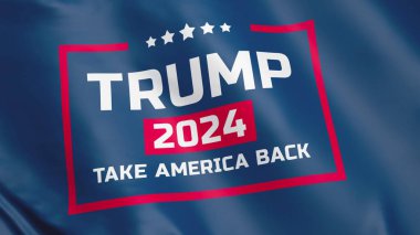 3D VFX, Amerika 'daki 2024 başkanlık seçimleriyle ilgili yazıyla bayrak sallıyor. Donald Trump 'ın seçim kampanyası. Demokrasi kavramı, vatandaşlık görevi ve siyasi mitingler.