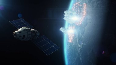 Dış uzaydan Dünya 'ya lazer silahıyla saldıran uydunun 3 boyutlu animasyonu. Kozmosta nükleer silahlardan kaynaklanan yıkım. Jeopolitik rekabet. Nükleer saldırı ve savaş tehdidi.