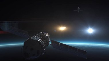 Uzay tabanlı uydunun 3 boyutlu VFX grafikleri başka bir uyduya saldırıyor ve Dünya yörüngesindeki uzaya nükleer başlık roketi fırlatıyor. Nükleer savaş tehdidi. Nükleer silahların evrende konuşlandırılması.