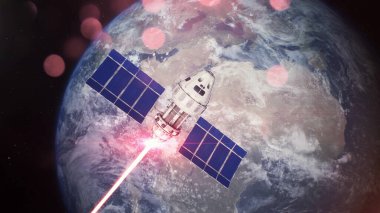 Uzay merkezli uydunun Dünya yörüngesindeki uzay boşluğunda lazer silahıyla saldırdığı 3 boyutlu VFX görüntüsü. Kozmosta siyasi çatışmalar artıyor. Nükleer saldırı ve savaş tehdidi.