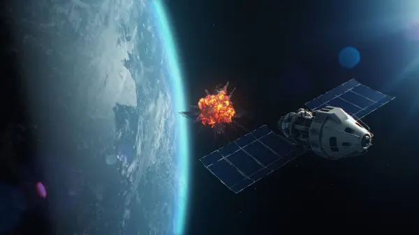 Vfx Рендеринг Спутника Атакующего Другой Спутник Лазерным Оружием Космосе Орбите — стоковое фото