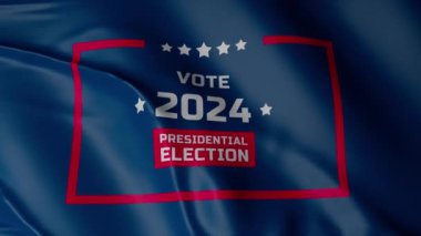 3D VFX animasyonu, ABD 'de 2024 başkanlık seçimleri ile ilgili yazılı bayrak sallıyor. Amerika 'nın gelecekteki başkanının kampanya gezisi. Demokrasi kavramı, vatandaşlık görevi ve siyasi ırklar.