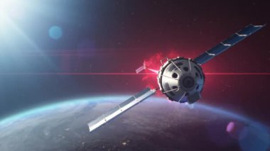 Dünya yörüngesindeki uzayda başka bir uyduya lazer silahıyla saldıran 3 boyutlu VFX grafikleri. Nükleer savaş ve silahlı saldırı. Kozmosta jeopolitik rekabetin ve silahlanma yarışının artması.