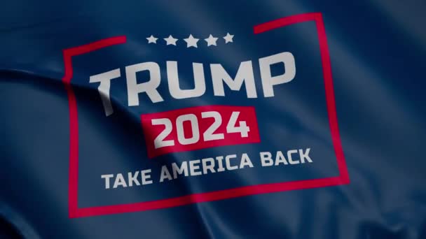 アメリカの2024年の大統領選挙に関する碑文を掲げた旗の3D Vfxレンダリング ドナルド トランプの選挙運動 民主主義 市民的義務 政治的集会の概念 — ストック動画