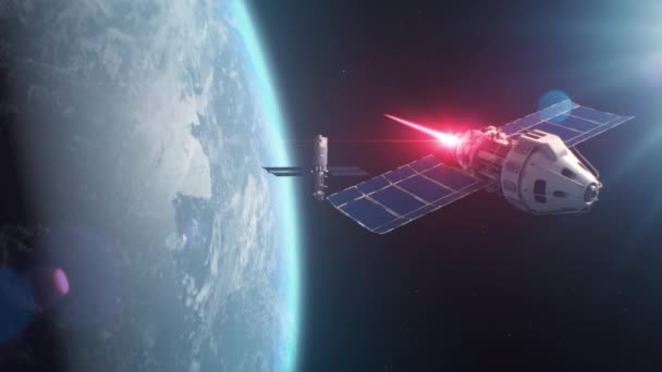Vfx Representación Satélite Atacando Otro Satélite Con Arma Láser Espacio — Vídeos de Stock