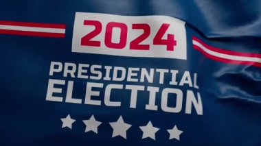 ABD 'deki 2024 başkanlık seçimleriyle ilgili yazıyla birlikte 3D VFX' in dalgalanan bayrağı. Amerika 'nın gelecekteki başkanının seçim kampanyası. Demokrasi ve siyasi ırklar kavramı.