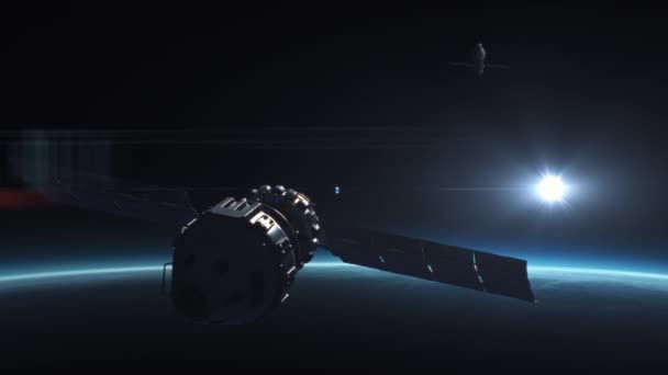 Vfx Grafika Űrbeli Műholdakról Amik Megtámadnak Egy Másik Műholdat Nukleáris — Stock videók