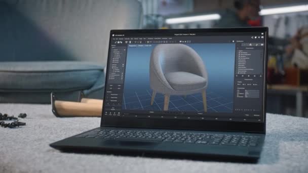 노트북 화면에 프로젝트에 의자의 디지털 디자인 제작을위한 소프트웨어 현대에서 배경에서 — 비디오