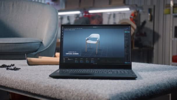 노트북 컴퓨터 화면에 프로젝트에 의자의 디지털 디자인 3D를 소프트웨어의 홀로그램 — 비디오