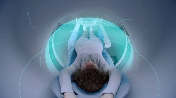 Woman Undergoes Mri Scan Lies Bed Machine Visual Effects Scanning — Stock Photo, Image