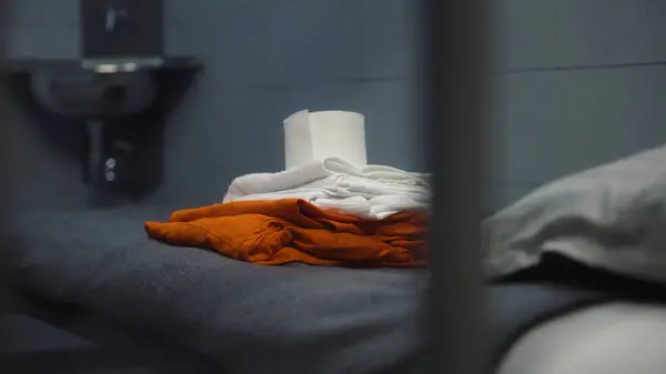 Häftling Legt Orangefarbene Gefängnisuniform Badetuch Und Toilettenpapier Aufs Bett Schuldiger — Stockfoto