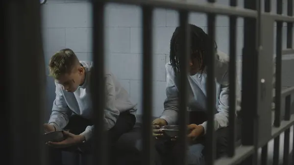Dois Presos Adolescentes Multiétnicos Sentam Cama Cela Prisão Comem Comida — Fotografia de Stock