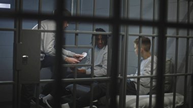 Hapishane hücresinde üç farklı etnik gruptan mahkum iskambil oynuyor. Genç suçlular hapiste işledikleri suçlar için hapis cezasına çarptırıldılar. Çocuk ıslahevi ya da ıslah evi. Metal çubuklardan bak.