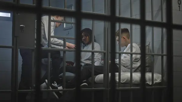 三名多族裔少年囚犯在牢房打牌 年轻罪犯因在狱中犯罪而服刑 少年拘留中心或教养所 透过金属棒观看 — 图库照片