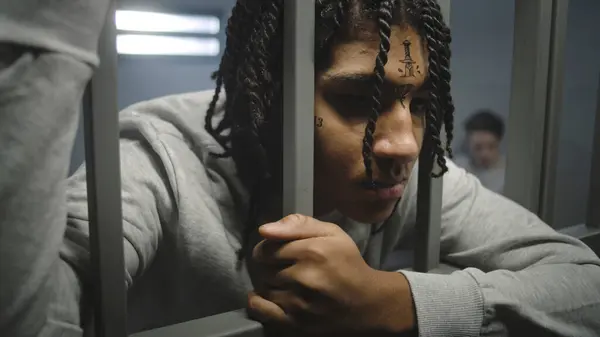 Close up shot of angry African American teenage prisoner with face tattoos standing in prison cell, holding metal bars. Young inmate serves imprisonment term for crime in jail. Youth detention center.