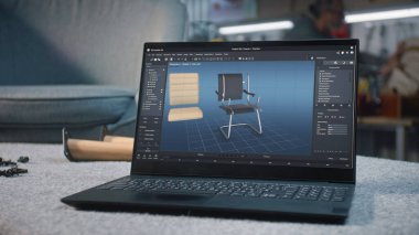 Mobilya tasarımı için sunulan yapay zeka yazılımına sahip dizüstü bilgisayar ekranı. Marangozluk projesi için 3 boyutlu şık ahşap sandalye modeli.