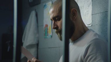 Üzgün erkek mahkum aile ya da çocukların resimlerine bakar ve hapishane hücresinde yatarken ağlar. Mahkûm hapiste suçtan hapis yatıyor. Gözaltı merkezi ya da ıslah evi. Portre.