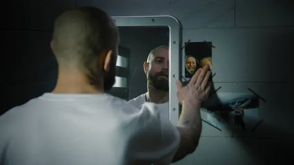 Depresyondaki Erkek Mahkum Hapishane Hücresinde Dikiliyor Aynanın Yanında Asılı Aile — Stok fotoğraf