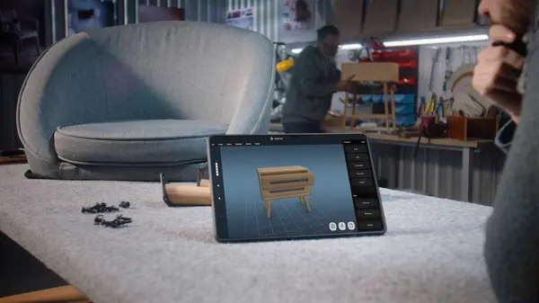 Designer Creates Model Wooden Bedside Table Using Digital Tablet Stylus — Stock Photo, Image