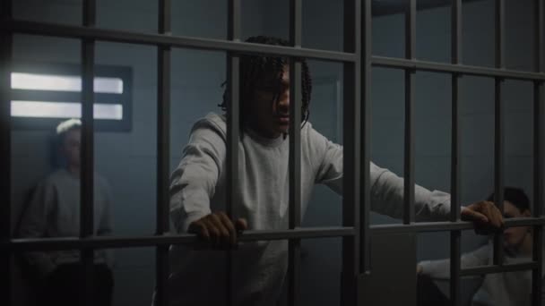 Multiethnische Teenager Hinter Metallgittern Gefängniszellen Blicken Die Kamera Junge Gefangene — Stockvideo