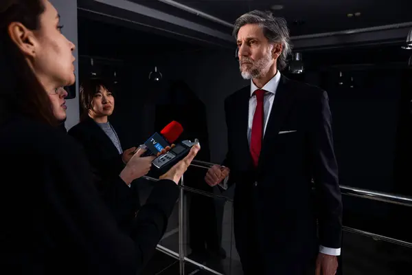 Confident Serious Male Diplomat Businessman Talks News Journalists Gives Interview — Stock Photo, Image