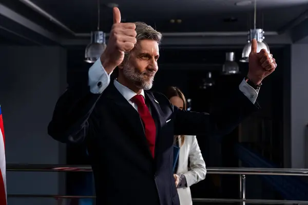 Positive United States Presidential Candidate Gestures Poses Cameras Inspirational Campaign Stock Image